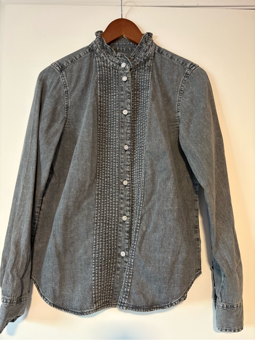 GAP Grey Pintuck Ruffle Collar Denim Shirt